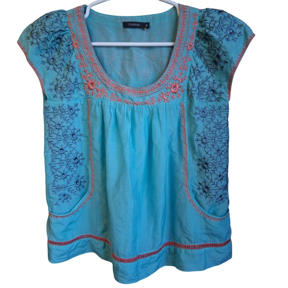 THEME Embroidered Teal Sleeveless Silk Blend Top Womens Medium Boho EUC